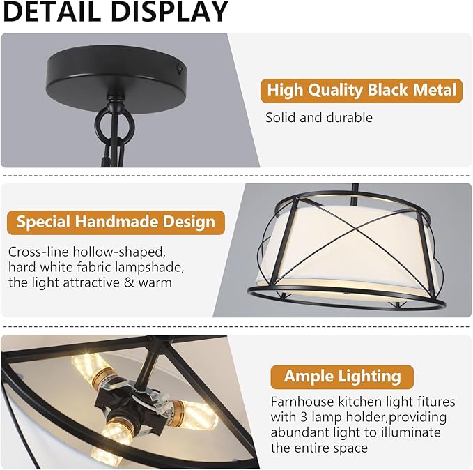 15.7" Black Drum Chandelier,3-Light Modern Farmhouse Chandelier,White Fabric Drum Shade Pendant Light Fixture for Dining Room Kitchen Island Bedroom Entryway-HomvellaHome