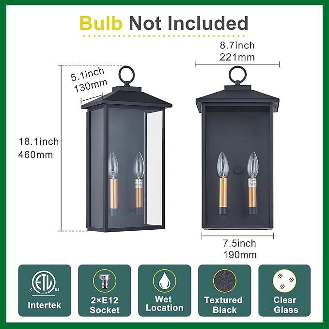 18 Inch Wall Light in Clear Glass and Textured Black and Golden Candle Cap Sleeve,Outdoor Lighting Wall Sconce,2-Light 120watts for House Doorway Garage,Bulb Not Included.-HomvellaHome