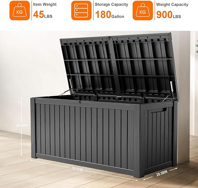 180 Gallon Resin Deck Box, Lockable Patio Outdoor Storage Box for Furniture, Garden Tools and Tools Storage, Waterproof Outside Storage Boxes - Black-HomvellaHome