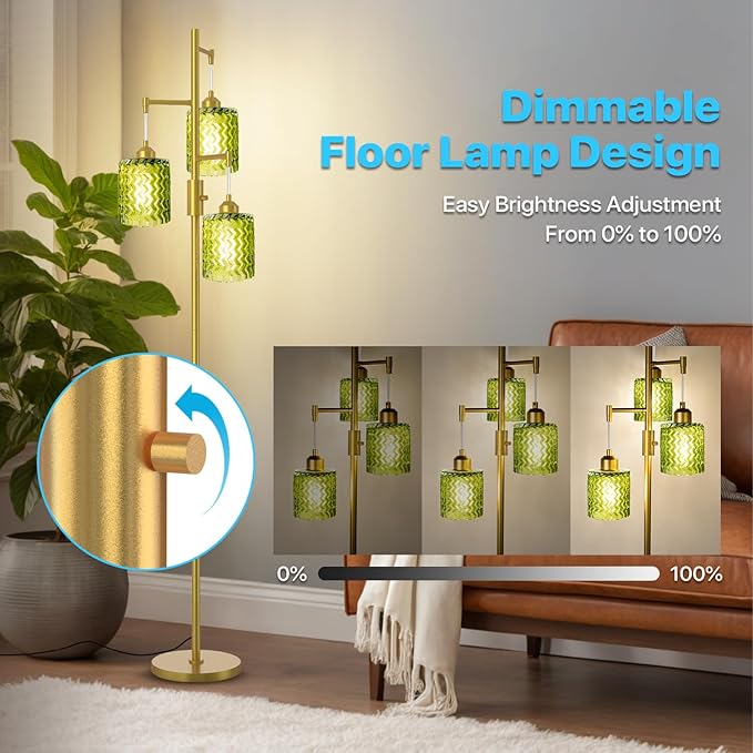 Gold Floor Lamp for Living Room, Vintage 3-Light Green Glass Standing Lamp, Brass Base Mid Century Modern, Retro Tree Design Tall Floor Lamps-HomvellaHome