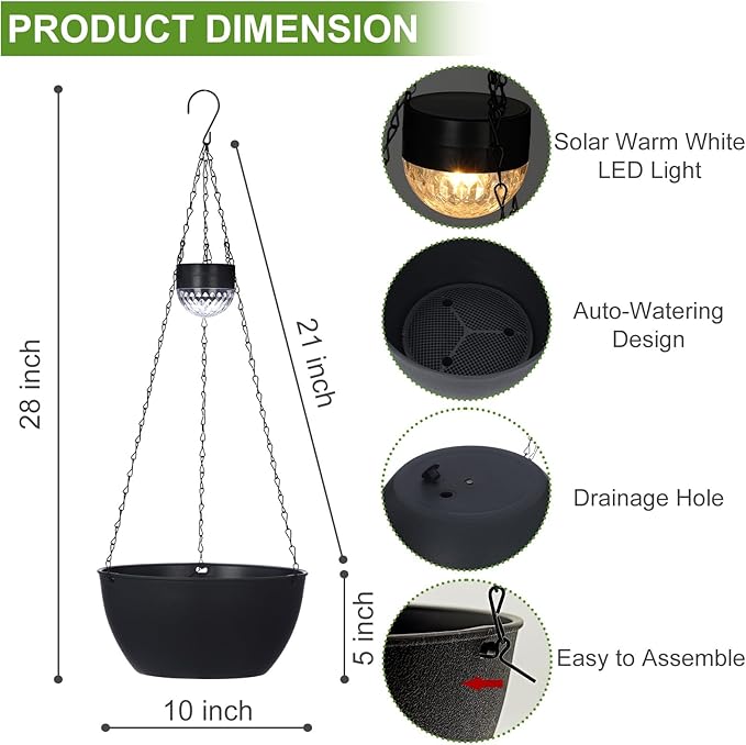 2 Packs Solar Hanging Basket Planters for Plants Outdoor, Self Watering Black Flower Plants Pots with Solar Light Drainer for Balcony Patio Garden Outdoor Decoration-HomvellaHome