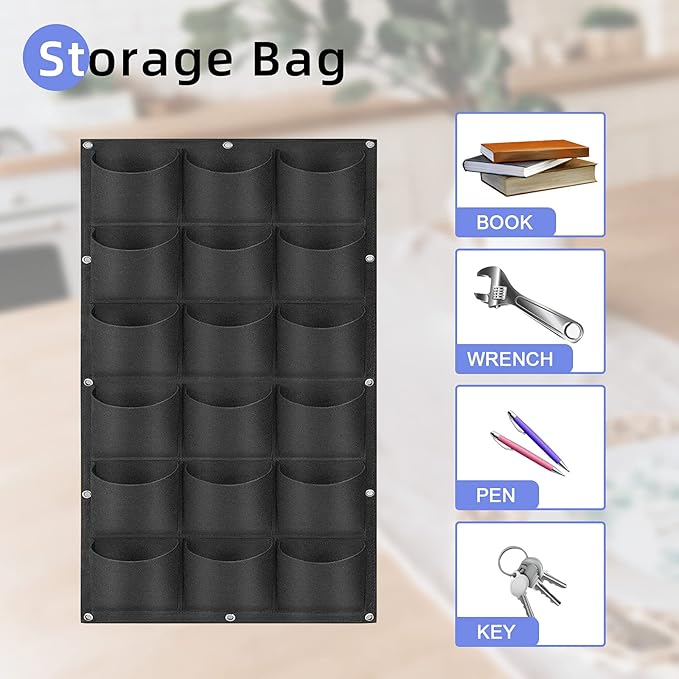18 Pockets Hanging Planter Bags, Hanging Vertical Wall Mounted Plant Planting Grow Bags, Herb Garden Planter Outdoor Indoor Growing Bag, Gardening Vertical Greening Flower Container(1m×0.5m, Black)-HomvellaHome