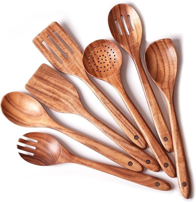Gudamaye 13 inch Long Wooden Utensils for Cooking, Long Handle Wooden Spoons for Cooking, 7 PCES Crafting Wooden Spoon Set, Wooden Kitchen Utensil set, Natural Teak Wooden utensil Set-HomvellaHome