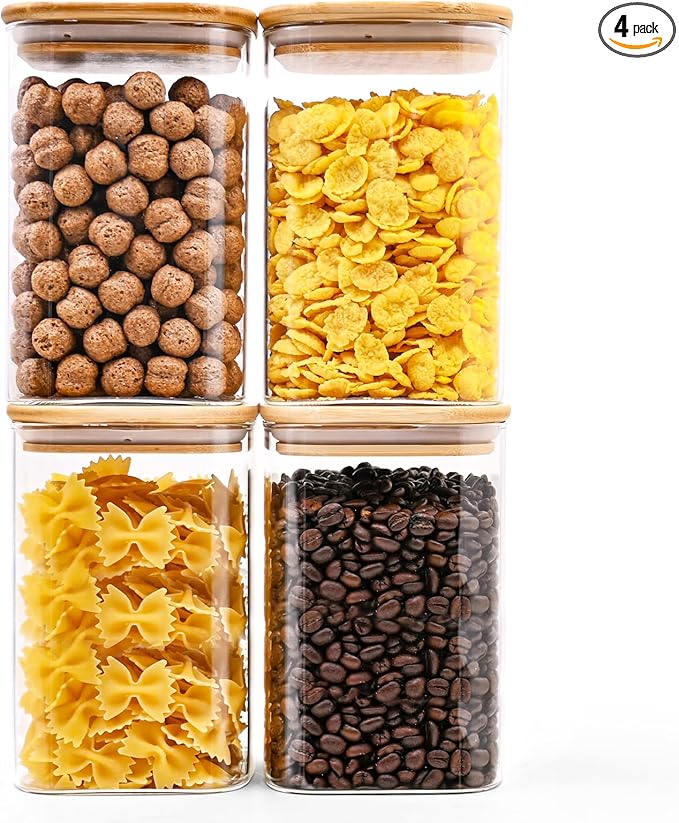 Glass Food Storage Jars Square 37oz, 4 Pack Glass Jars With Bamboo Lids, Kitchen Storage Containers For Spice, Candy, Cookie, Storage For Pantry Organizers-HomvellaHome