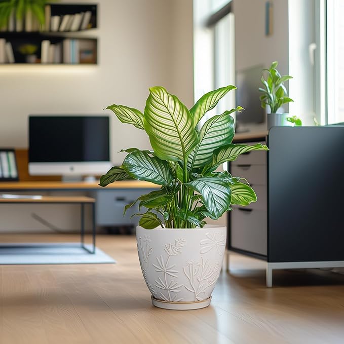 10 Inch Plant Pot Ceramic Planter Pot with Drainage Hole and Saucer Round Planter Large Flower Pot for Indoor Outdoor Plants Home Garden Decor White-HomvellaHome