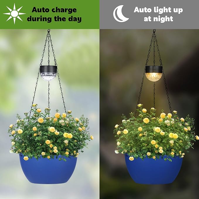 2 Packs Solar Hanging Basket Planters for Plants Outdoor, Self Watering Blue Flower Plants Pots with Solar Light Drainer for Balcony Patio Garden Outdoor Decoration-HomvellaHome
