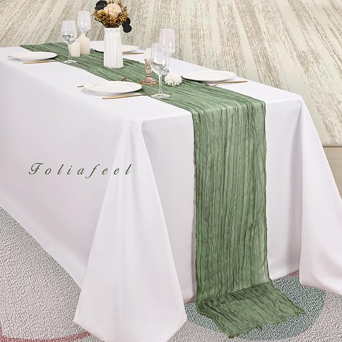 12 Pack Sage Green Cheesecloth Table Runner 10FT Rustic Gauze Fabric Cheese Cloth Table Runner for Wedding Bridal Baby Shower Table Decor 20 x 120 Inch Long Boho Sheer Birthday Party Table Decorations-HomvellaHome