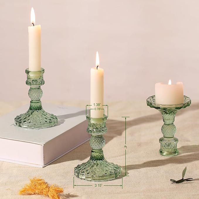 12Pcs Green Candlestick Holders Set- 4" H Taper Candle Holders Bulk, Glass Candle Holders for Wedding, Party, Romantic Dinner Table Centerpieces, Festival Gifts & Windowsill Decor-HomvellaHome
