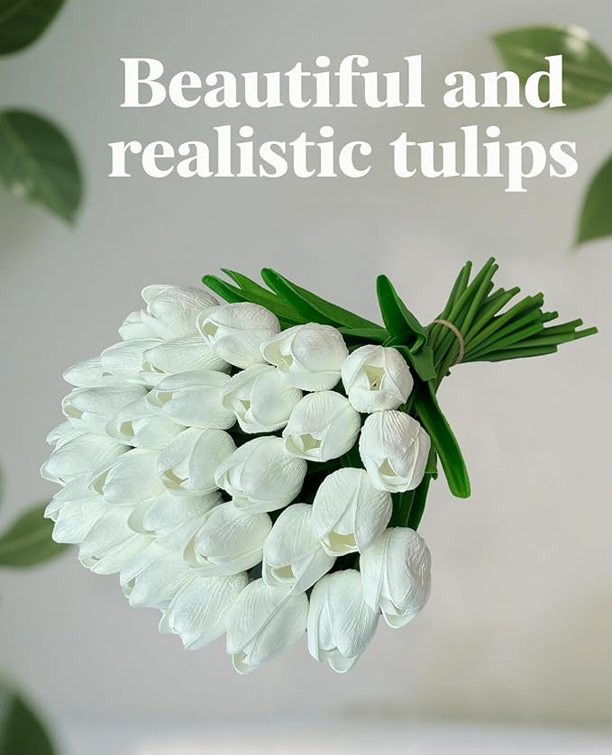 15pcs White Tulips PU Artificial Flowers Real Touch Fake Tulips for Spring Easter Home Kitchen Wedding Bouquet Bulk Mother's Gift Day Decorations-HomvellaHome