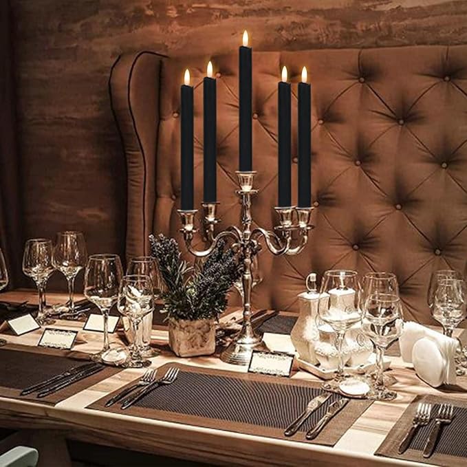 GenSwin Flameless Black Taper Candles Flickering with 10-Key Remote, Battery Operated Led Warm 3D Wick Light Window Candles Real Wax Pack of 6, Christmas Home Wedding Decor(0.78 X 9.64 Inch)-HomvellaHome