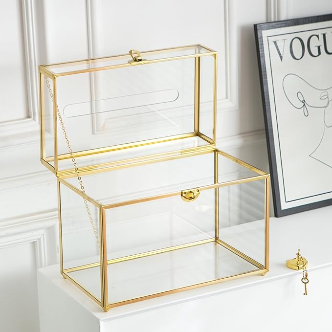 Glass Wedding Card Box with Slot, 10.2 inch Clear Card Box Gold Brass Gift Card Storage Box with Lock Perfect for Wedding Receptions, Baby Shower, Birthday Party, Bridal Shower-HomvellaHome