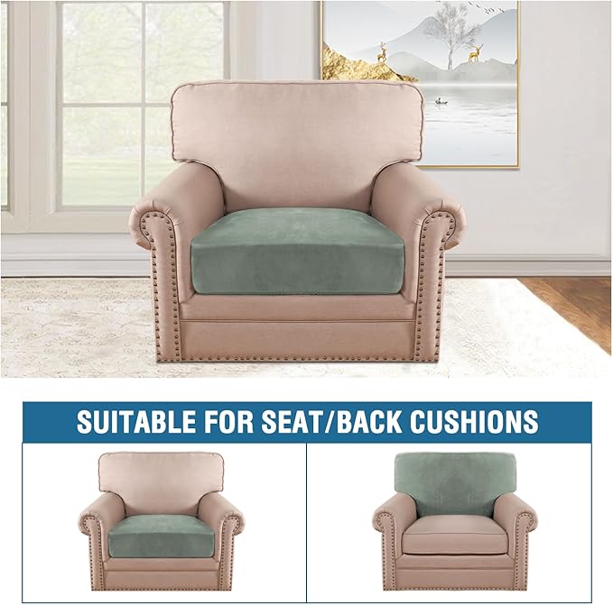 H.VERSAILTEX Velvet Stretch Couch Cushion Cover Plush Cushion Slipcover for Chair Cushion Furniture Protector Seat Cushion Sofa Cover (1 Piece Armchair Cushion Covers, Sea Grass)-HomvellaHome