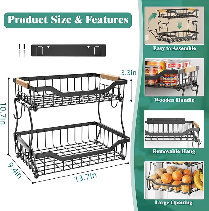 Giwil 2 Tier Countertop Fruit Basket for Kitchen, Vegetable Storage Bread Fruit Bowl Stand with 2 Banana Hangers, Wall Mounted Metal Wire Basket Organizer for Potato Onion, Black-HomvellaHome