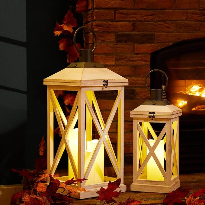 Glitzhome Mondern Farmhouse Wooden Lantern Hanging Decorative Candle Lantern for Outdoor & Indoor Wash White Set of 2 (No Glass)-HomvellaHome