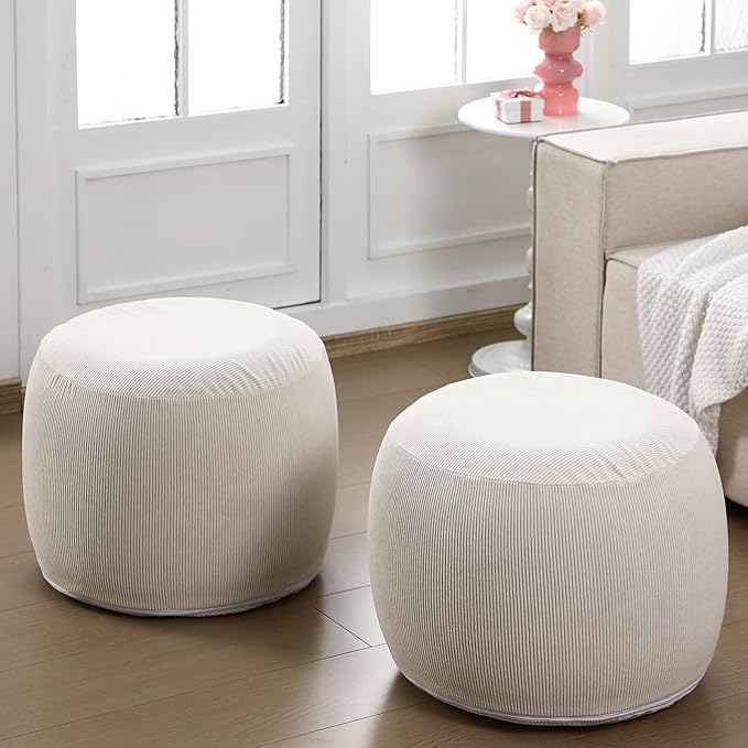 2 Pack Round Inflatable Pouf Ottoman Foot Rest for Couch 20 x 16 Inch Cozy Portable Floor Corduroy Poufs Foot Stool Ottoman with Pump for Living Room Bedroom Chair, Beige-HomvellaHome