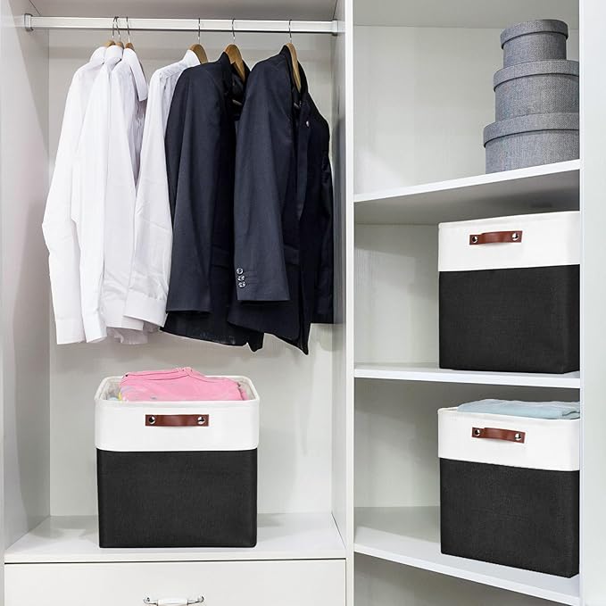 13x13 Cube Storage Bins, Collapsible Fabric Storage Box, 4 Pack Closet Baskets with Handles for Organizing, Shelf, Toys, Clothes, Home, Office, Nursery (Black&White)-HomvellaHome