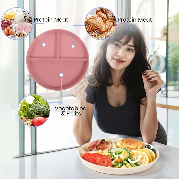 10 Pcs Unbreakable Divided Plates for Kids Adults, 9 Inch Round Portion Control Plate, 3 Compartment Plates with Dividers, Lightweight Reusable Dinnerware Portion Control Plastic, Dishwasher Safe-HomvellaHome