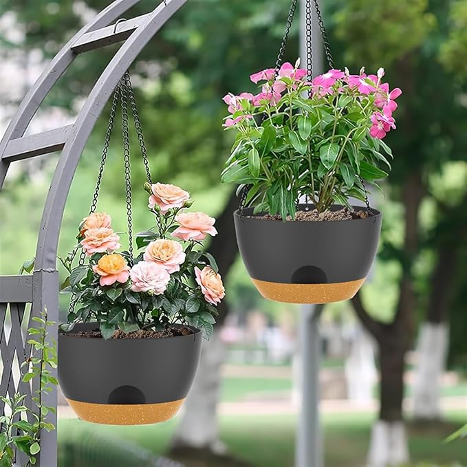 12 Inch Hanging Baskets 2 PC with Chains, Self-Watering Hanging Planters for Indoor Outdoor Plants, Plastic Hanging Flower Pots,Black Brown-HomvellaHome