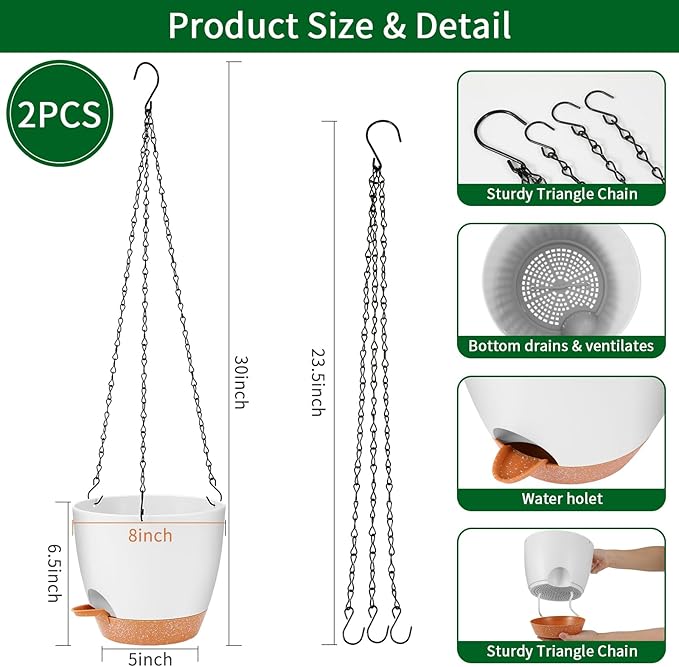 GARDIFE Hanging Planter, 8 inch Hanging planters for Indoor. Outdoor Plants, Self Watering Plant Pot, 2 Pack Large self Watering Hanging Planter (8-White, 8 inch)-HomvellaHome