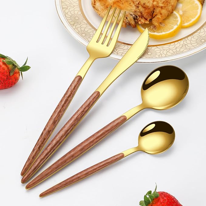 16 Pcs Gold Silverware Set with Simulated Wooden Handle for 4,Stainless Steel Cutlery Set,Mirror Polished Tableware Utensils Flatware Set,Include Knives Spoons and Forks set,Dishwasher Safe-HomvellaHome