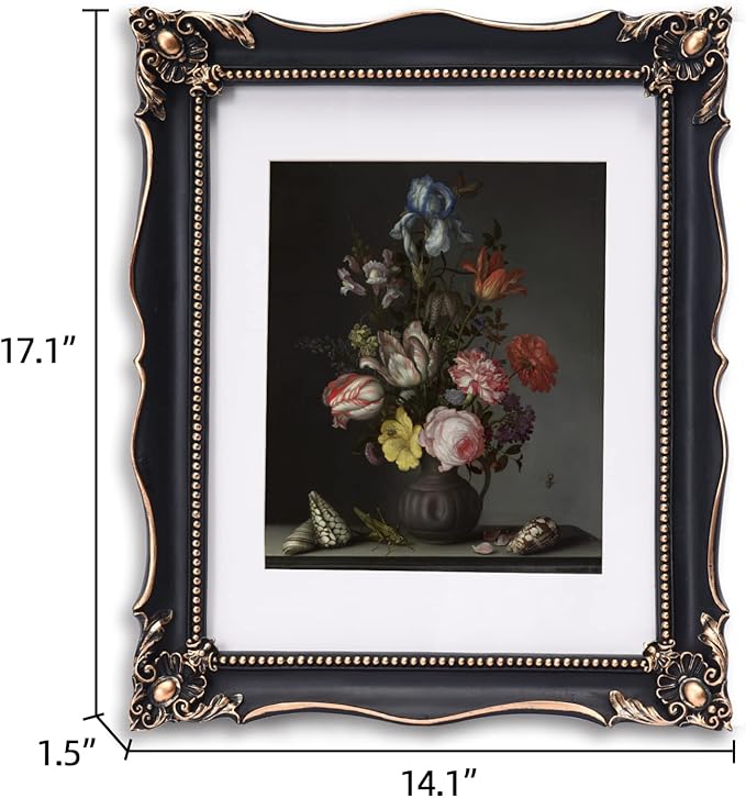 11x14 Vintage Picture Frame with Embossed Flower Design, Black Ornate Frame for 11x14 or 8x10 Pictures with White Mat, Home Decor (Black, 8x10)-HomvellaHome
