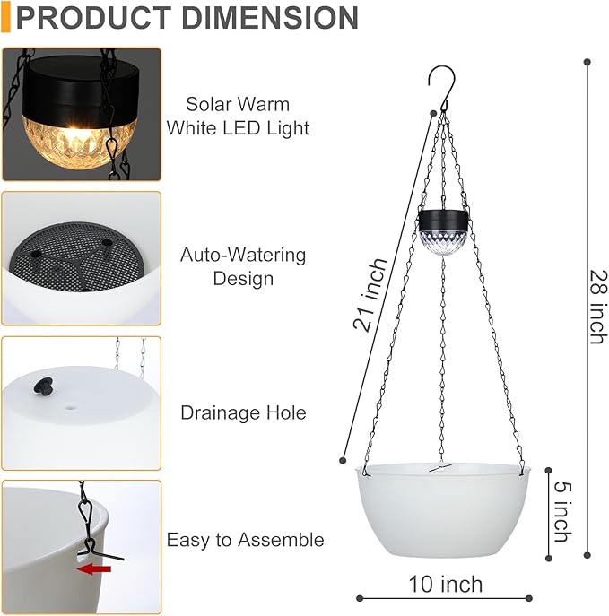 2 Packs Hanging Planters Basket for Outdoor Plants, Solar Powered Self Watering White Round Plastic Flower Pots with Drainer for Balcony Patio Garden Outdoor Decoration-HomvellaHome