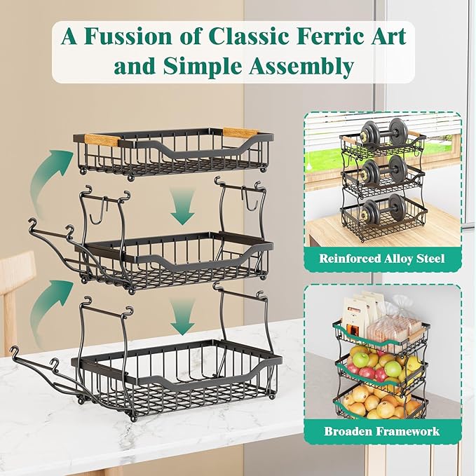 Giwil 3 Tier Countertop Fruit Basket for Kitchen, Vegetable Storage Bread Fruit Bowl Stand with 2 Banana Hooks, Wall Mounted Metal Wire Basket Organizer for Potato Onion, Black-HomvellaHome