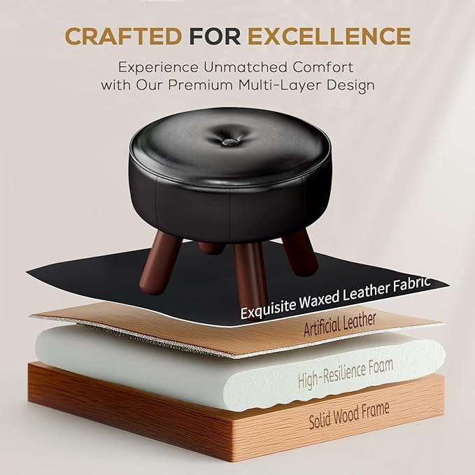 13in Small Foot Stool Ottoman, Round Faux Leather Foot Rest, Footstool Ottomans with Rubber Legs Under Desk, Footrest for Couch, Living Room, Bedroom, Office, 13''L x 13''W x 10.2''H, Black-HomvellaHome