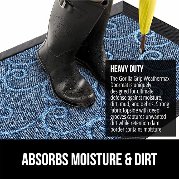 GORILLA GRIP 100% Waterproof All-Season WeatherMax Doormat 35x23, US Designed Natural Rubber, Stain and Fade Resistant, Low Profile Indoor Outdoor Door Mats, Easy Clean Patio Mat, Ocean Blue Waves-HomvellaHome