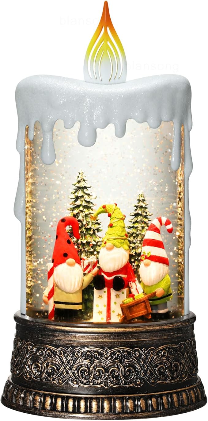 Gnome Snow Globe Candle Christmas Decorations Gifts Auto Snowfall Glitter Music Collection with 6H Timer USB/Battery Powered 9.7 inch-HomvellaHome