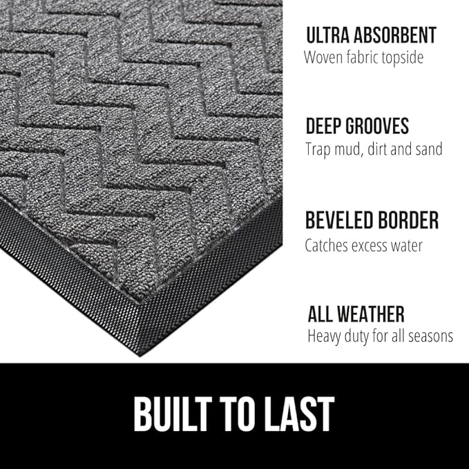 GORILLA GRIP 100% Waterproof All-Season WeatherMax Doormat US Designed Natural Rubber, Stain and Fade Resistant, Low Profile Indoor Outdoor Door Mats, Easy Clean Patio Mat, 17x29, Steel Chevron-HomvellaHome