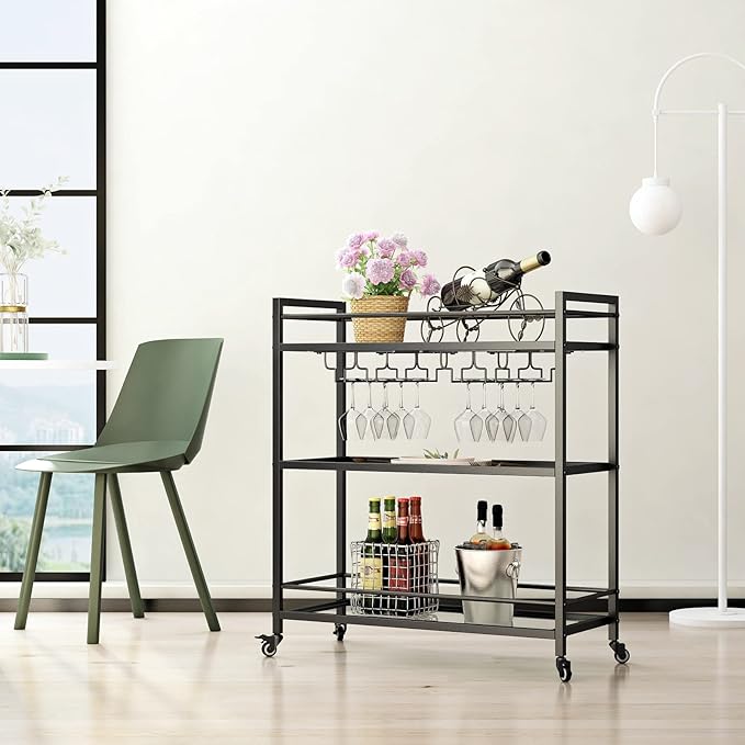 Glass Black Bar Carts for Home with Hanging Wine Rack - Home Bar Serving Cart with 3 Mirrored Shelves, Kitchen Bar Carts, Wine Cart for Entertaining, Club Party.-HomvellaHome