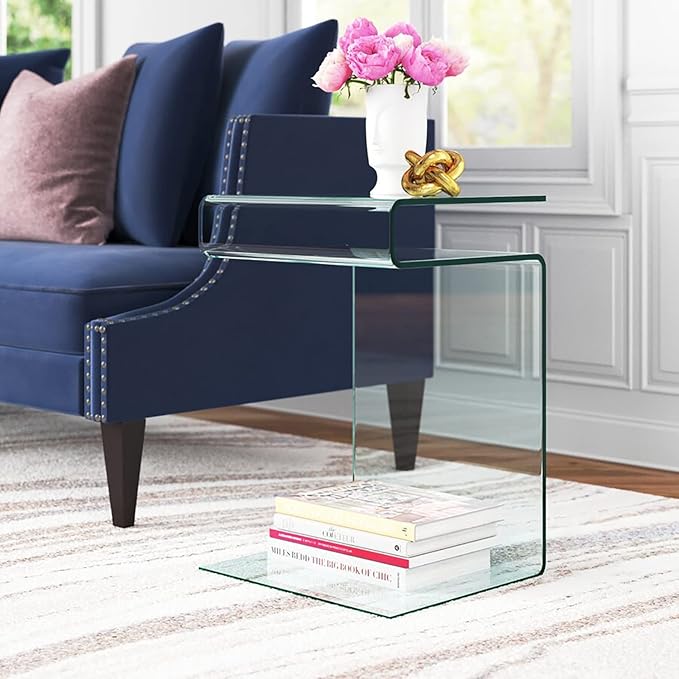 Glass Nightstand,Side Table,S-Shaped End Table for Living Room,Bedside Table for Bedroom (Clear)-HomvellaHome