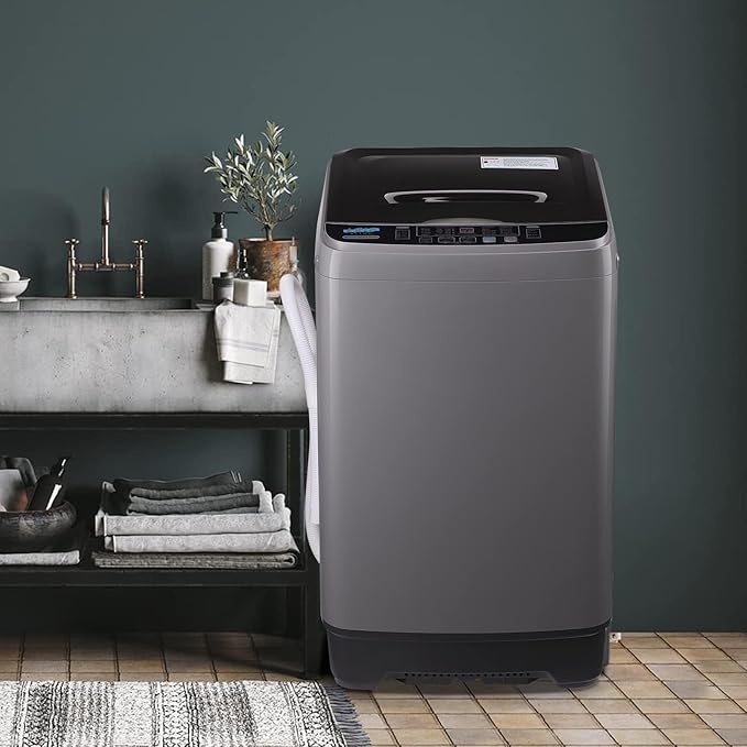 17.7 lbs Full Automatic Washing Machine with LED Display Compact Drain Dump, 10 Wash Programs and 8 Water Levels Ideal for Dorms, Apartments, RV, Grey (KB03-GREY6-3)-HomvellaHome