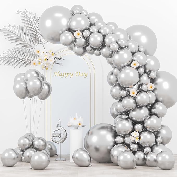 130pcs Metallic Silver Balloons Different Sizes 18" 12" 10" 5" Chrome Silver Balloon Garland Arch Kit for Graduation Birthday Baby Shower Wedding Anniversary New Year Party Decorations-HomvellaHome