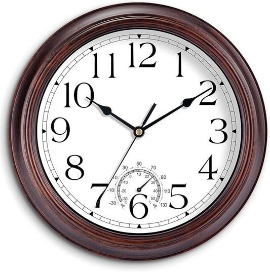 12 Inch Outdoor Wall Clock with Thermometers, Vintage Silent Wall Clocks Battery Operated, Retro Non-Ticking Clock Decorative for Living Room, Patio, Kitchen, Office, Bathroom, Bedroom(Bronze)-HomvellaHome