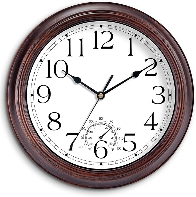 14 Inch Outdoor Wall Clock with Thermometers, Vintage Silent Wall Clocks Battery Operated, Retro Non-Ticking Clock Decorative for Living Room, Patio, Kitchen, Office, Bathroom, Bedroom(Bronze)-HomvellaHome