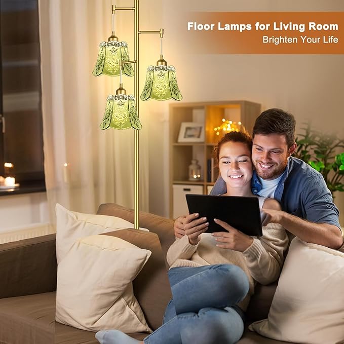 Gold Floor Lamp for Living Room,Bedroom,Tree 3 Light Standing Lamp Mid Century Modern Brass Tall Floor Lamps Vintage Retro Floor Lights Glass Green Flower Lamp Shade Farmhouse Boho Bohemian-HomvellaHome