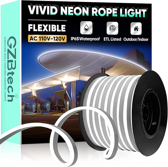 GZBtech Flexible LED Neon Rope Lights 66FT,AC 110-120V Waterproof Strip Light, 120 LEDs/M Cuttable Connectable Neon Lighting for Indoor Outdoor Home Decor/Commercial Building Use-Cold White 20M-HomvellaHome