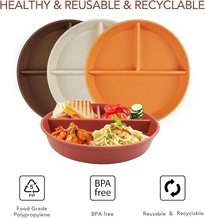 greenandlife 9 Inch 4PCS Portion Control Plates with Lids, Divided Plates for Kids Adults, Dishwasher Microwave Safe Compartment Plate Set, Unbreakable Lightweight Reusable Wheat Straw Plate, Sunset-HomvellaHome