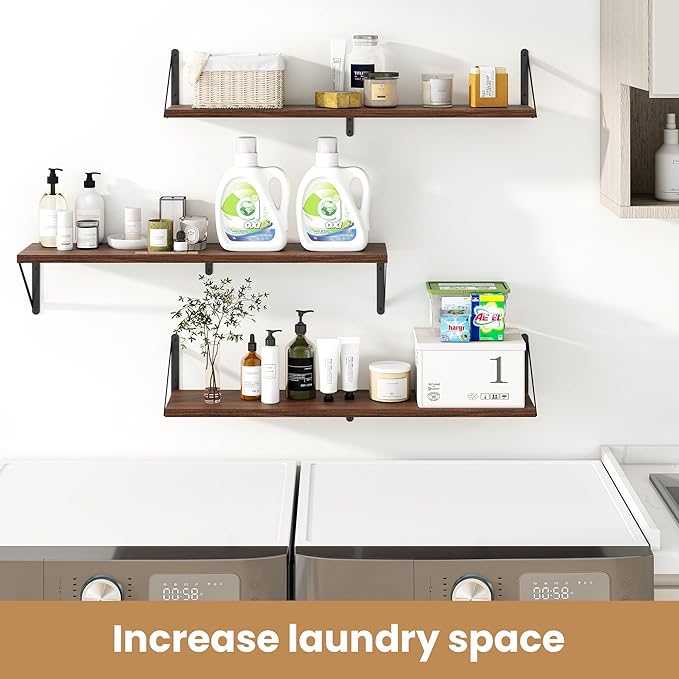 Heimlove 36 Inch Floating Bookshelves Set of 3,Heavy Duty Wall Mounted Bookshelves,Bookshelf for Living Room,Bedroom,Kitchen,Laundry Room Storage & Decor-Walnut Color-HomvellaHome