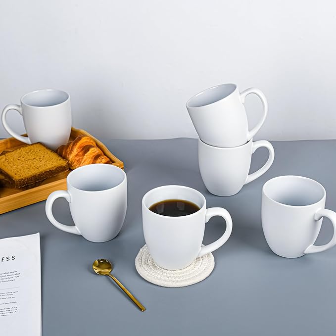 16oz Coffee Mugs Set of 6, Large Ceramic Modern Coffee Mugs With Handle For Tea,Latte,Cappuccino,Cocoa. Dishwasher.Microwave Safe (Matte White)-HomvellaHome