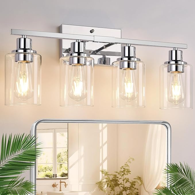 4 Light Bathroom Light Fixtures, Chrome Vanity Lights with Clear Glass Shades, Modern Bathroom Light Fixtures Over Mirror, Modern Bathroom Wall Lamp for Mirror Living Room Cabinet-HomvellaHome
