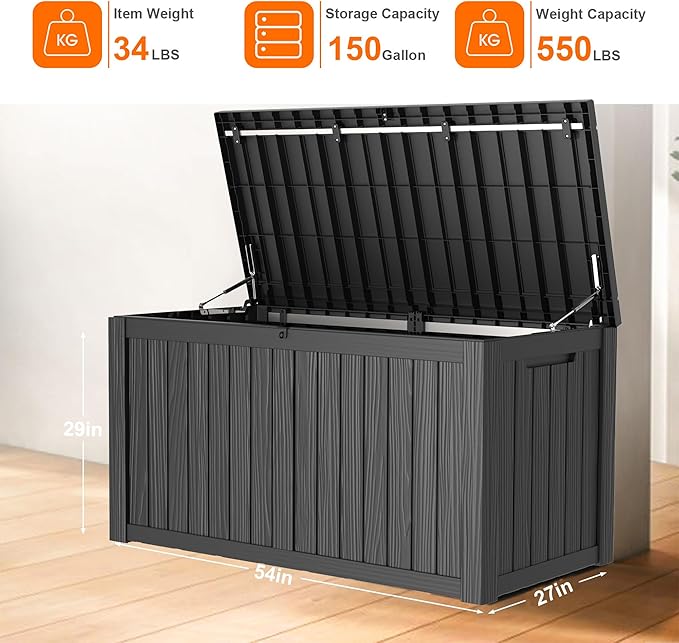 150 Gallon Deck Box,Resin Outdoor Storage Box with Lockable for Patio Furniture, Pool Accessories, Garden Tools Waterproof Outside Storage Box, Black-HomvellaHome