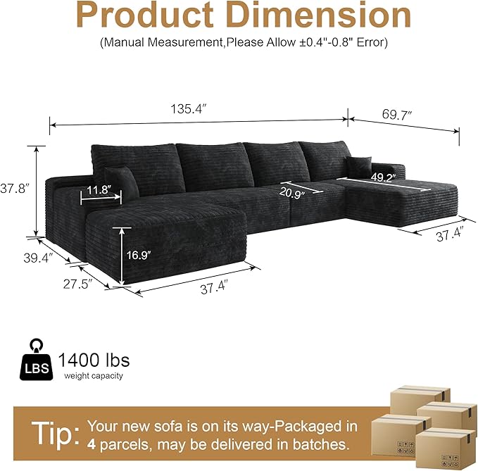 136" Sectional Couches for Living Room Modern Modular Sofa with L-Shape Couchs Upholstered Boneless Couch Deep Seat Sectional Couch with Chaise (Black, Right Facing Chaise+3Seaters+Ottoman)-HomvellaHome