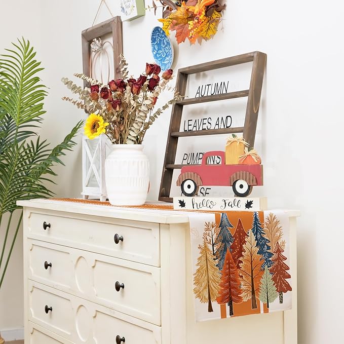 GEEORY Fall Watercolor Trees & Maple Leaves Striped Table Runner 13x48 Inch, Rustic Farmhouse Autumn Thanksgiving Decor for Kitchen, Dining, Indoor/Outdoor Holiday Dinner Party Orange GT157-48-HomvellaHome