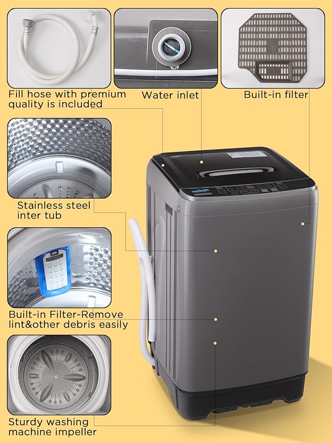 17.7 lbs Full-Automatic Washing Machine with LED Display, Portable Compact Laundry Washer with Drain Pump, 10 Wash Programs 8 Water Levels, Grey-HomvellaHome
