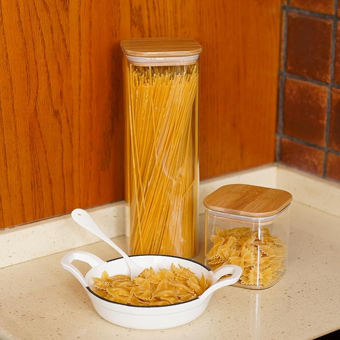 Glass Pasta Storage Jars Square 73oz, 3 Pack Glass Jars With Bamboo Lids, Tall Kitchen Storage Containers For Pasta, Storage For Pantry Organizers-HomvellaHome