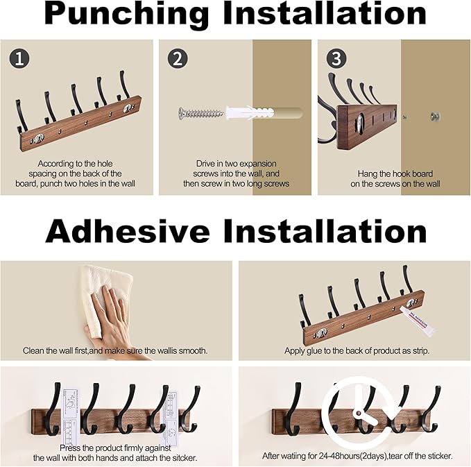 17.3" Small Wooden Coat Rack Wall Mount with 5 Hooks, Entryway Wall Hooks Coat Hanger for Hanging Towel Jacket Clothes Hat Backpack Shoe Purse Key Holder Multi Hook Rail by Black Walnut Wood-HomvellaHome