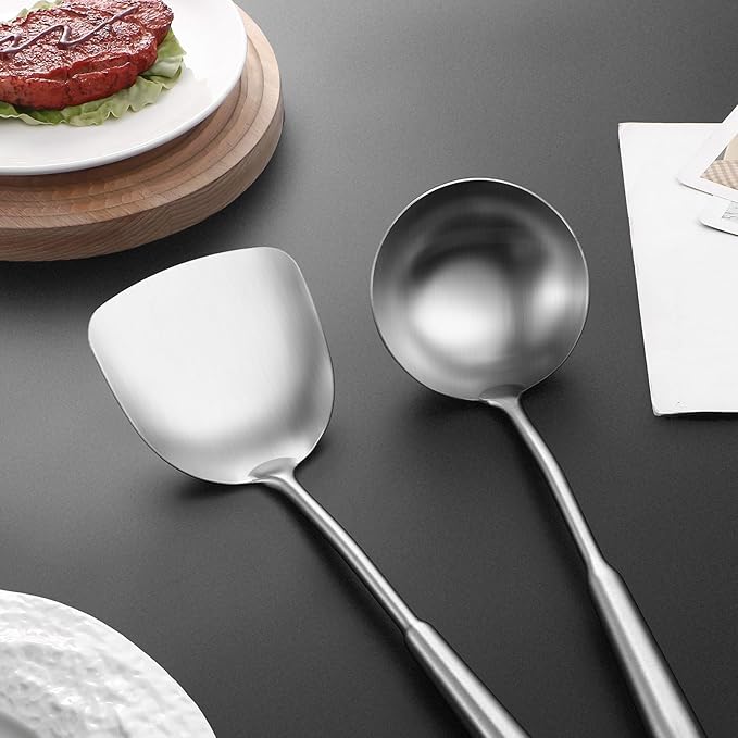 15" Wok Spatula and Ladle,Skimmer Spoon, Slotted Turner Spatula,304 Stainlss Steel Matte Kitchen Utensils Set,4PCS Wok Accessories,Cooking Utensils Tools-HomvellaHome